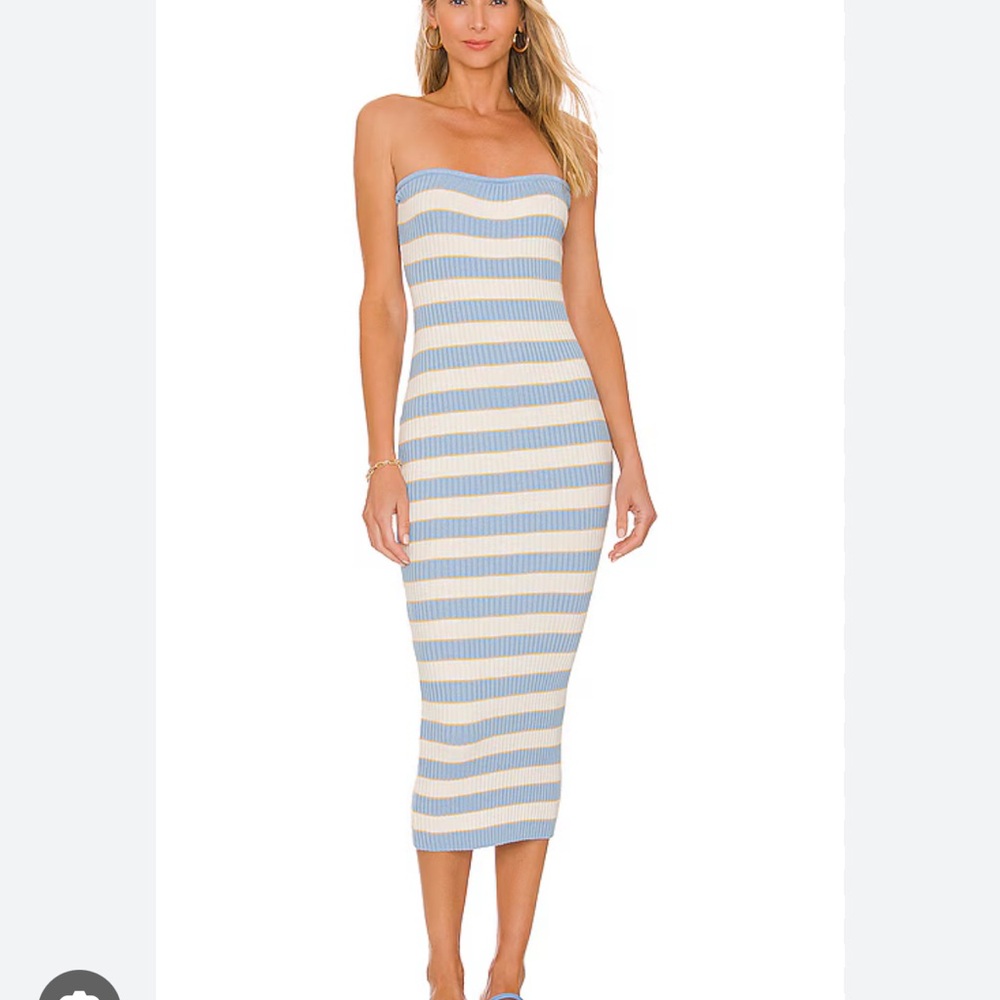 Blue and Cream Strapless Bodycon Midi Dress